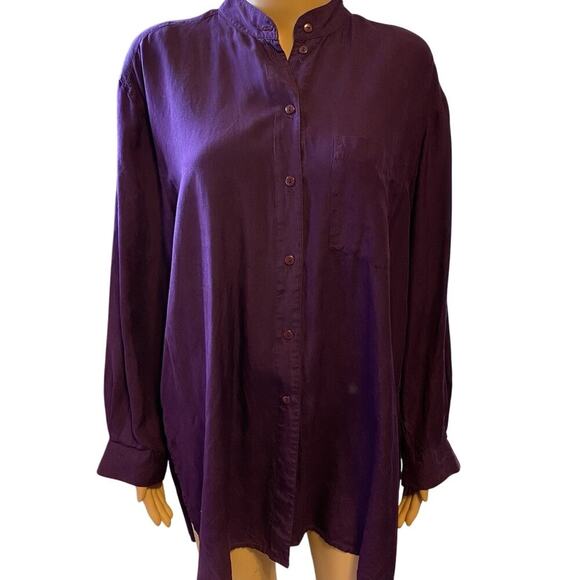 Vintage New Concepts Women’s M-XL 100% Silk Button Up Shirt Purple High Neck - Picture 1 of 10